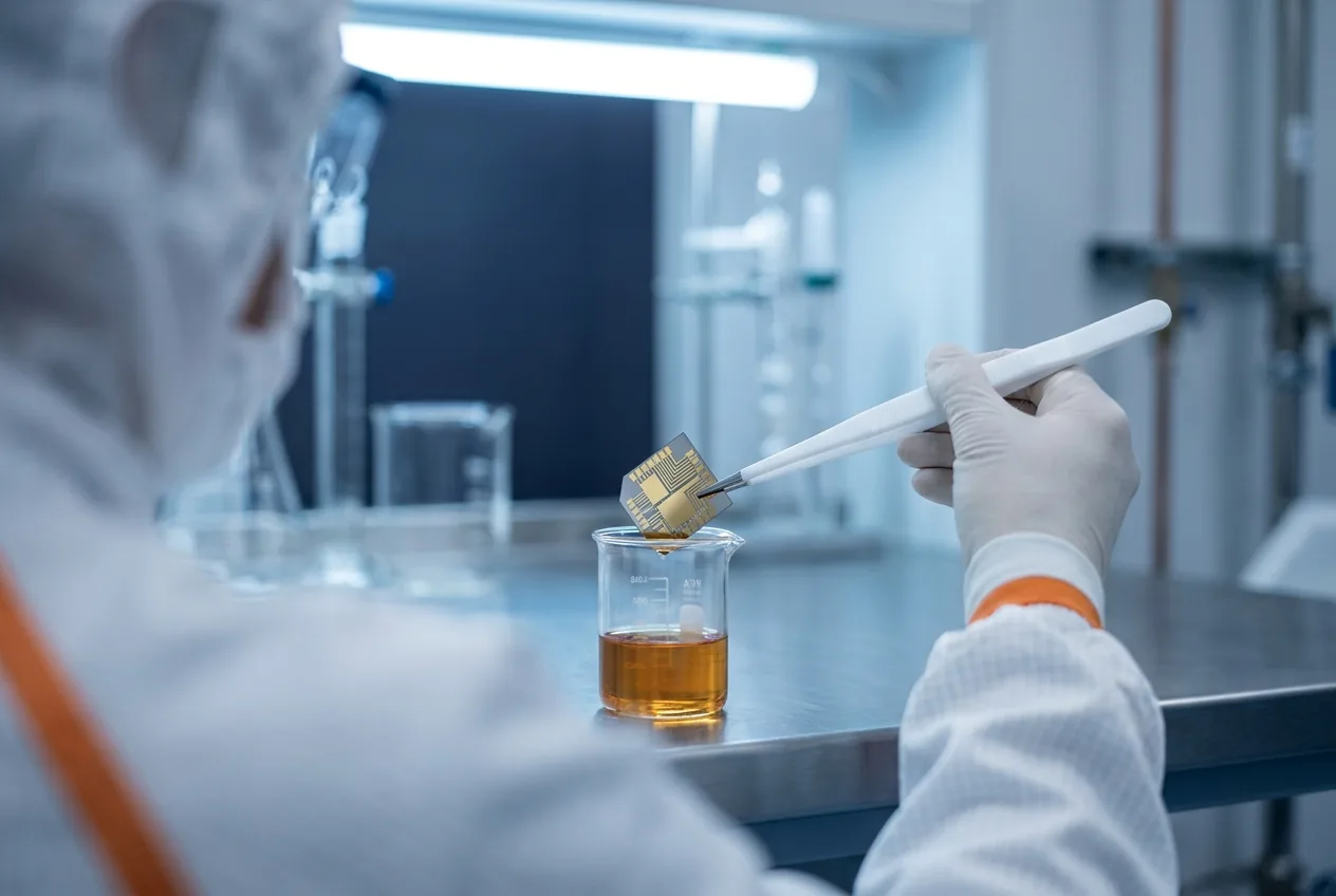 Cımbızla banyoya indirilen altın desenli wafer parçası