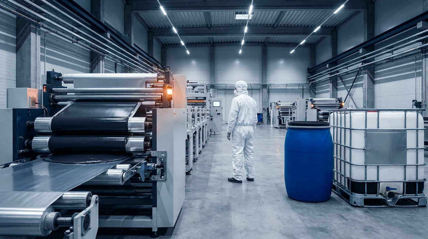 Elektrot kaplama hattı ve yanında varil ile IBC ambalajlar