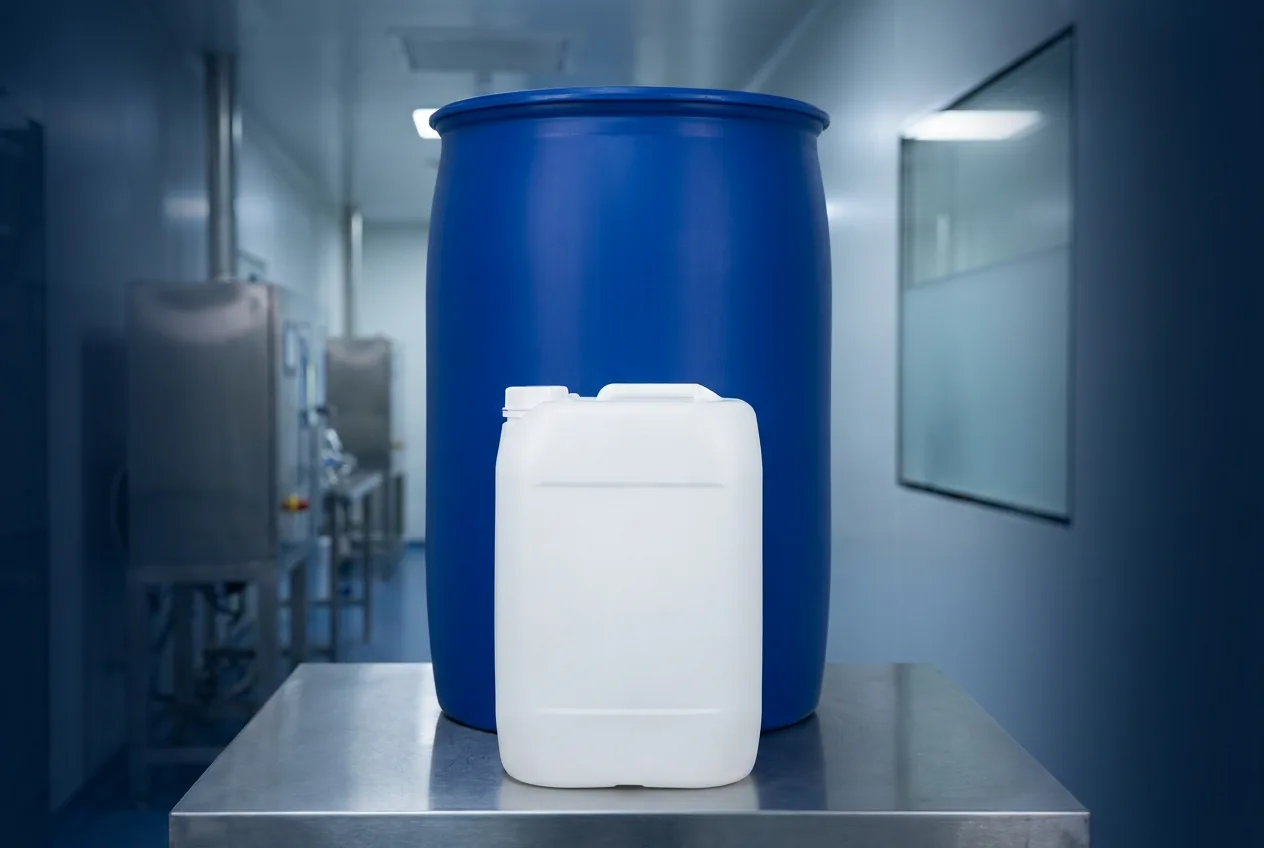 DMSO için etiketsiz 25 litrelik bidon ve 200 litrelik varil