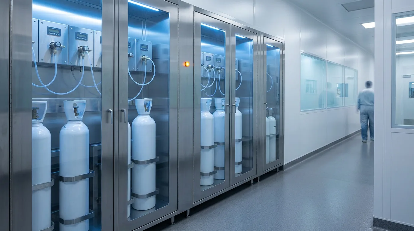 Gaz kabininde sıralı yüksek saflık elektronik gaz silindirleri