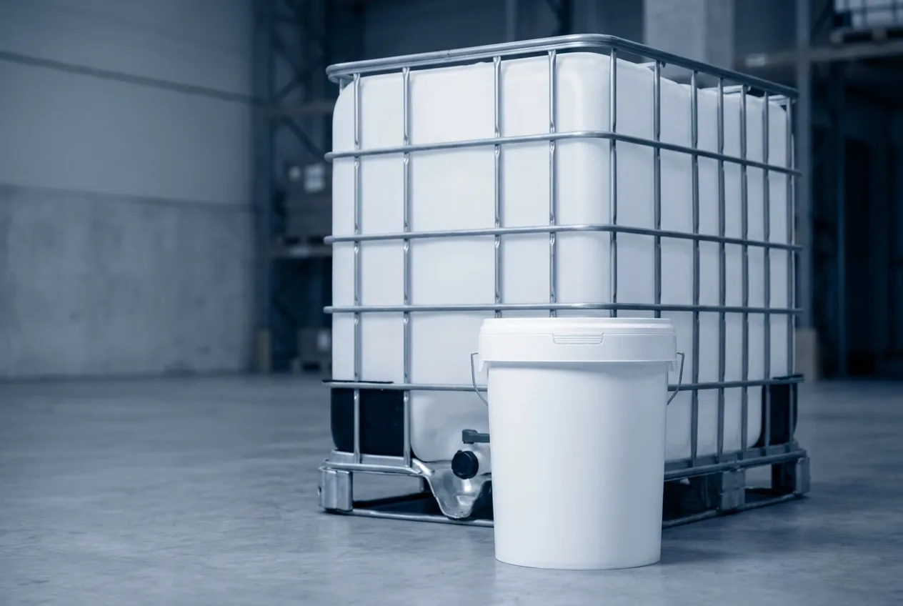 KOH pellet kovası ve IBC tankının ölçek karşılaştırması