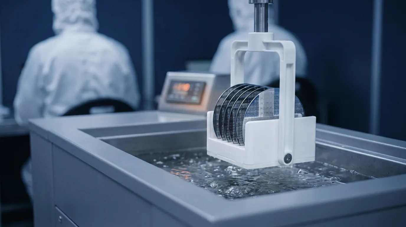Metal aşındırma banyosuna inen desenli wafer kaseti