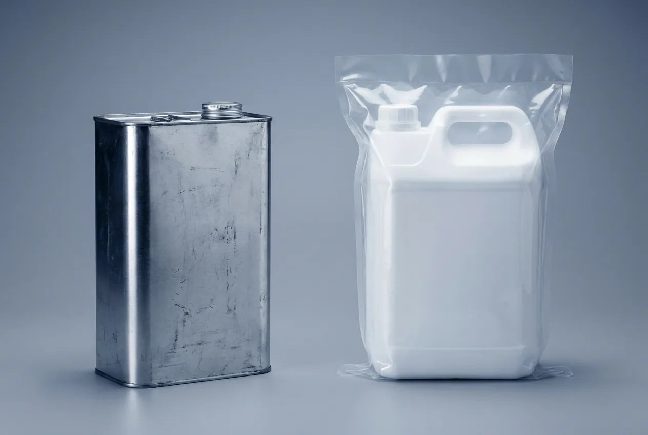 Sanayi tipi IPA tenekesi ile temiz oda torbalı yüksek saflık HDPE bidonun karşılaştırması