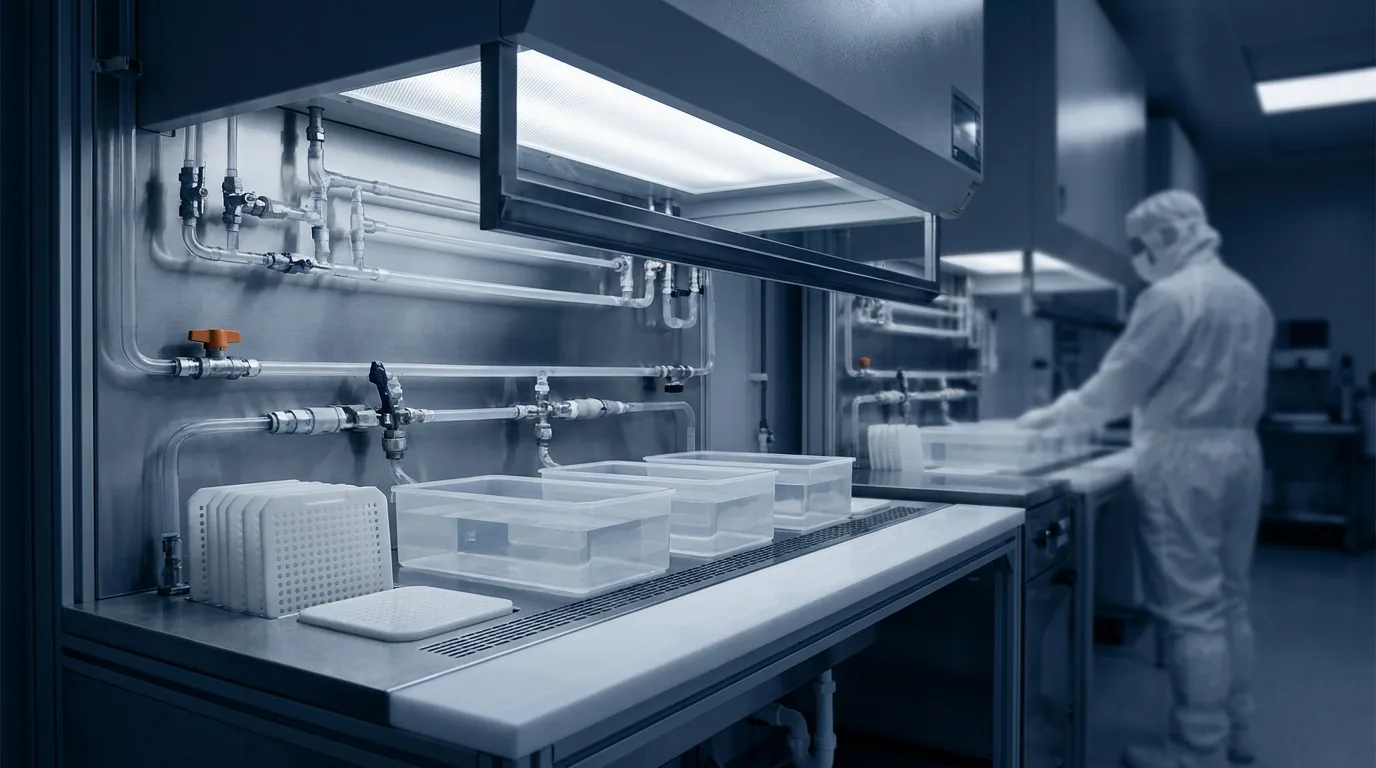 Islak proses tezgahında banyo kazanları ve wafer taşıyıcıları